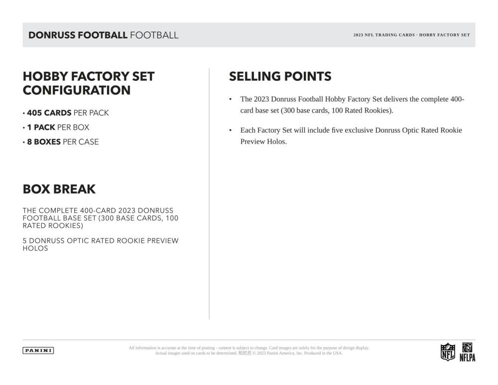 2023 Donruss Football Factory Set Box - 400 Trading Cards Including 5 Rated Rookie Holo Foils | Complete NFL Player Collection for Collectors & Investors | Perfect for Trading, Displaying & Fantasy Football Prep