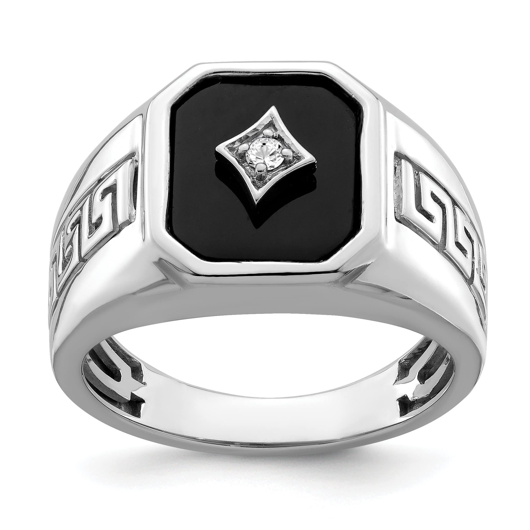 14K White Gold Onyx and Diamond Greek Key Men's Ring - Size 10 | Luxury Wedding Band, Anniversary Gift for Him | Perfect for Formal Events & Special Occasions