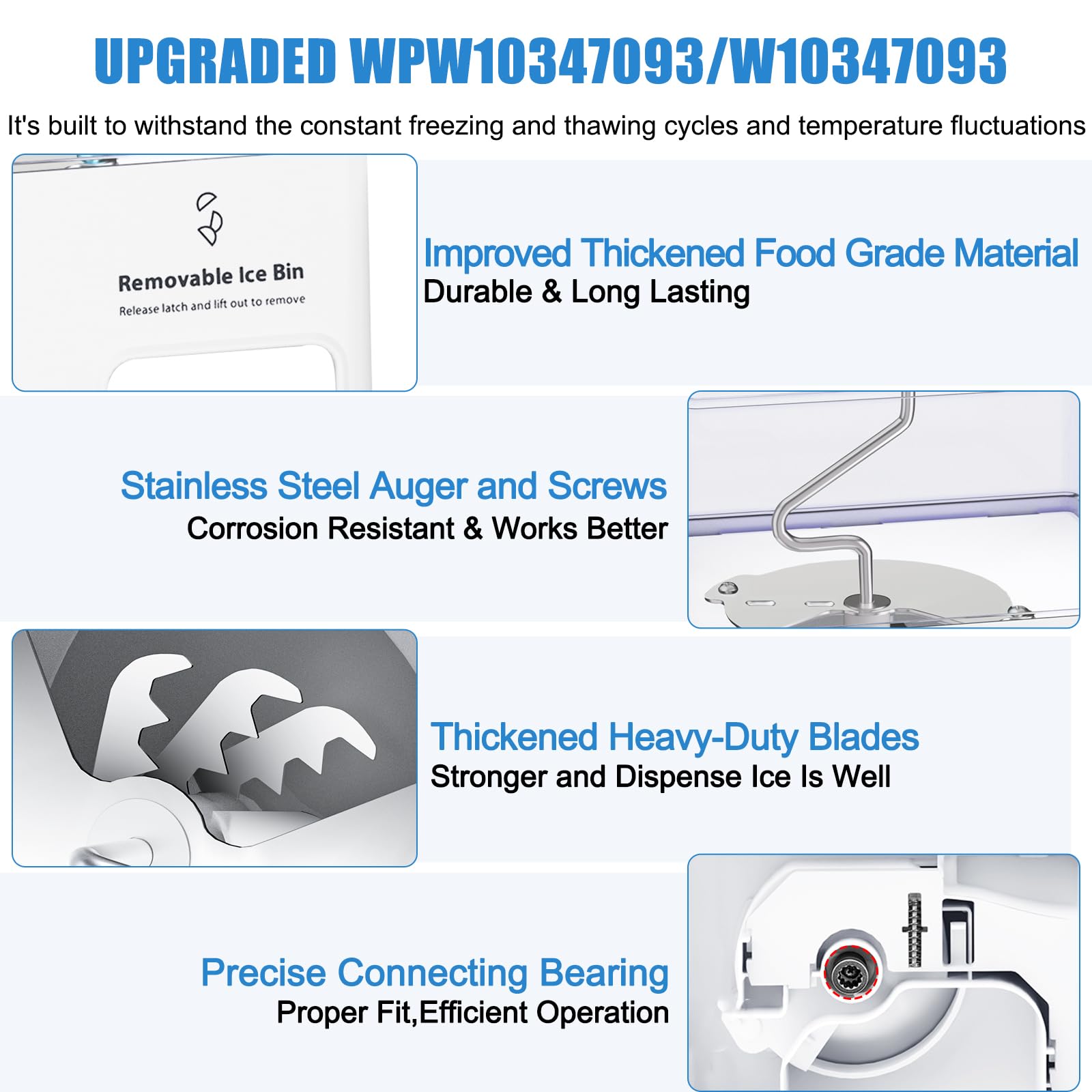 Upgraded WPW10347093 Ice Bucket - Compatible with Whirlpool Ice Maker Replacement W10347100, WRF736SDAM14, WRF736SDAM13 - Whirlpool Removable Ice Bin & Tray Parts - Perfect for Kitchen Refrigerator & Home Bar Use