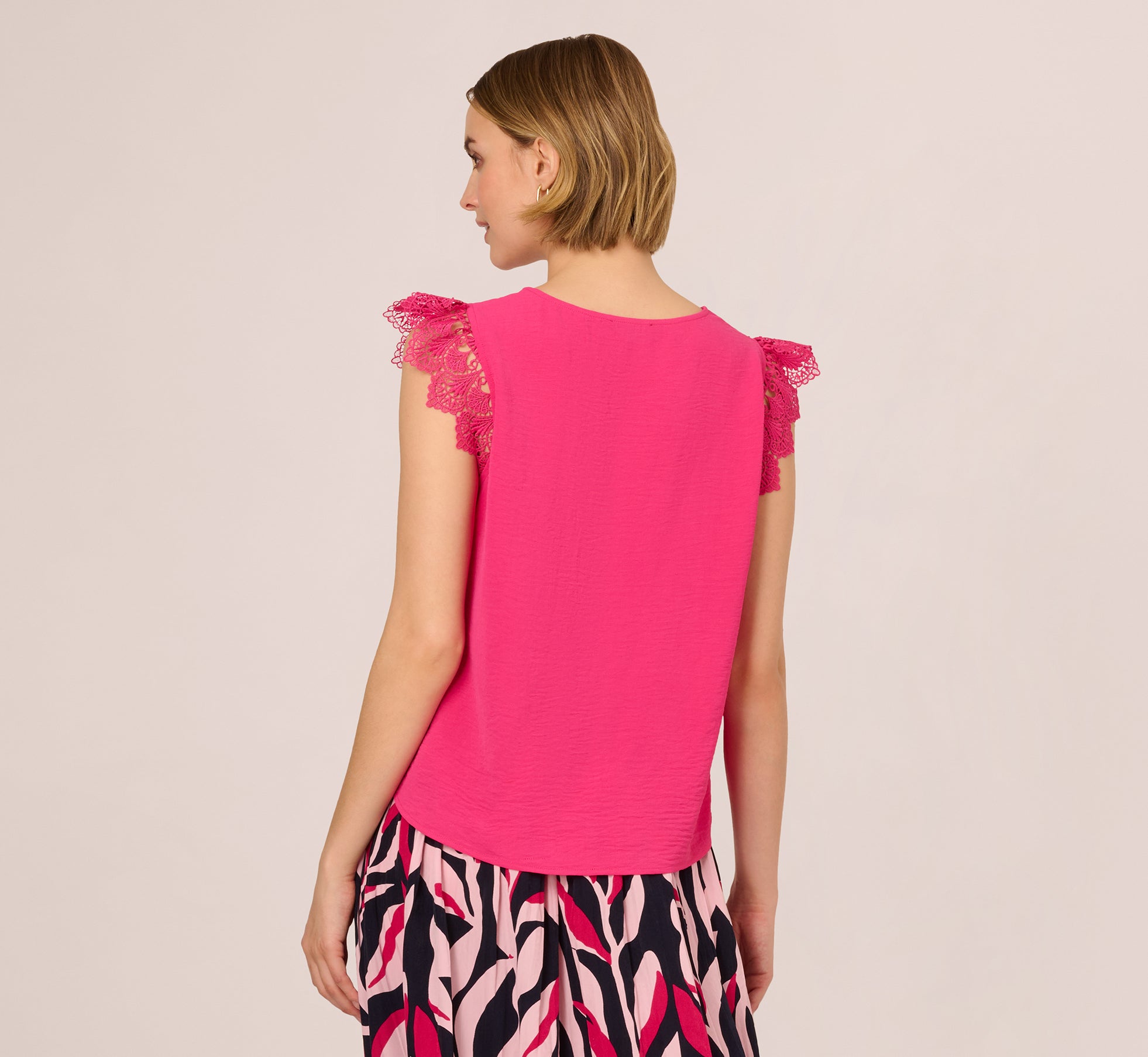 Hot Pink Sleeveless Lace Shoulder Pintucked Blouse for Women - Elegant Summer Tops for Date Night, Party & Casual Outfits