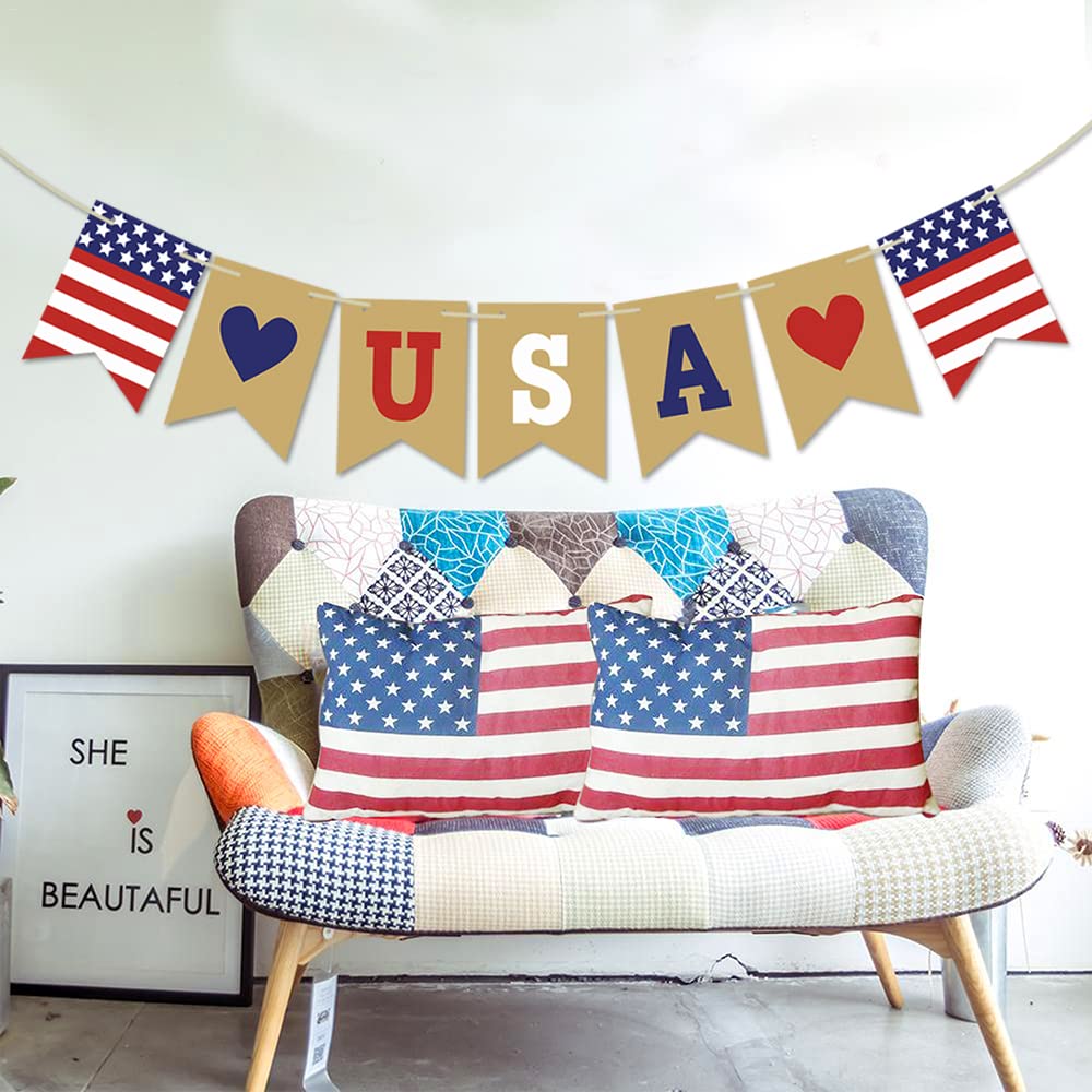 USA Patriotic Banner Garland - 4th of July Decorations, Memorial Day & Independence Day Party Supplies - Red White Blue Bunting for Home, Office & Outdoor Celebrations