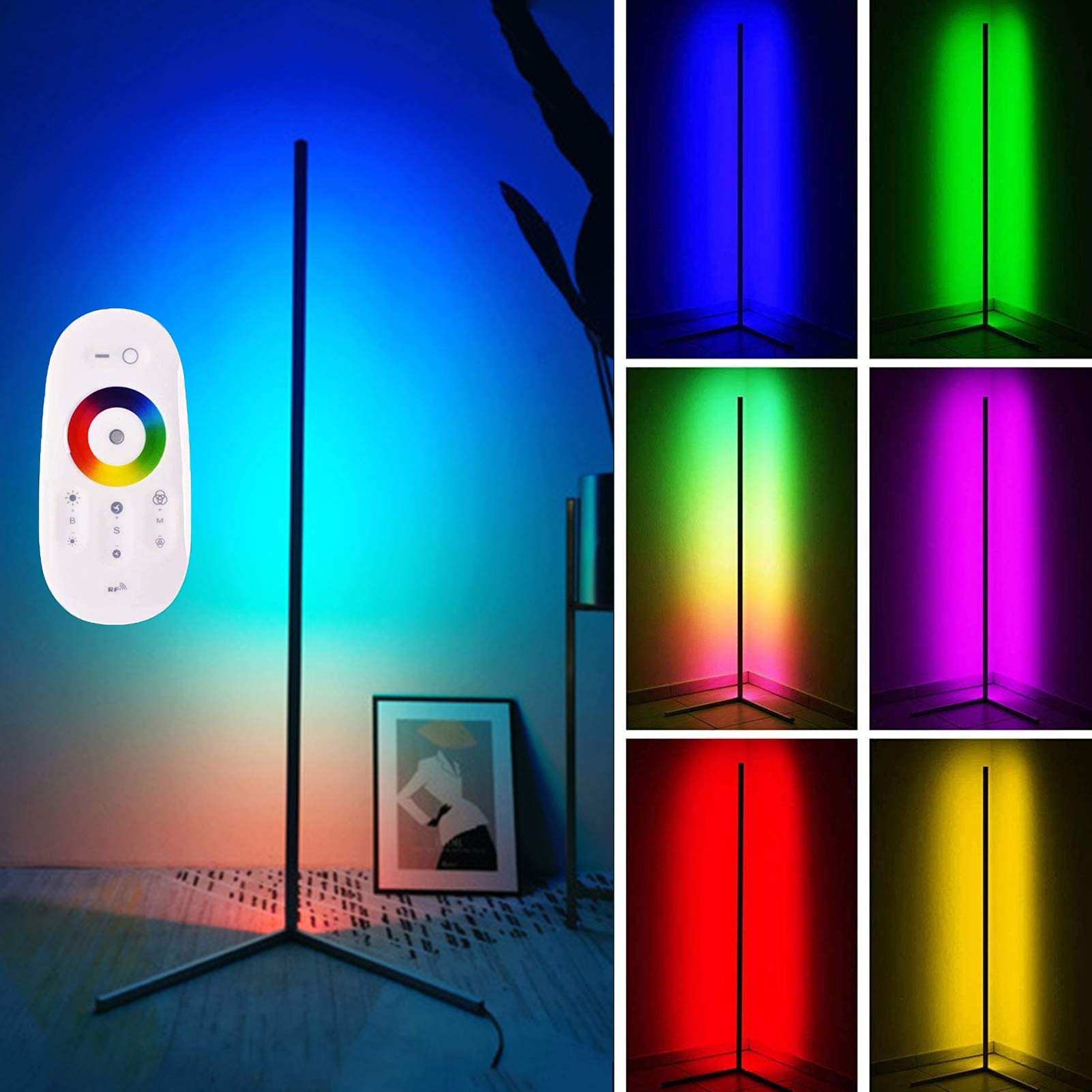 Modern RGB LED Corner Floor Lamp - Adjustable Color & Brightness, Black Standing Light for Bedroom, Living Room, Home Decor - Perfect for Mood Lighting, Gaming Setup & Night Reading