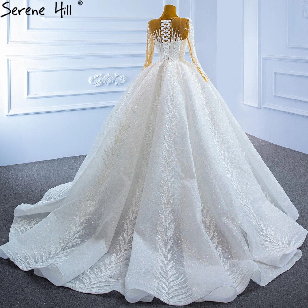 Serene Hill Muslim White Luxury Wedding Dresses 2025 - Glitter Long Sleeves Lace Up Bridal Gown HM67235 | Elegant Islamic Modest Dress for Wedding Ceremony & Formal Occasions