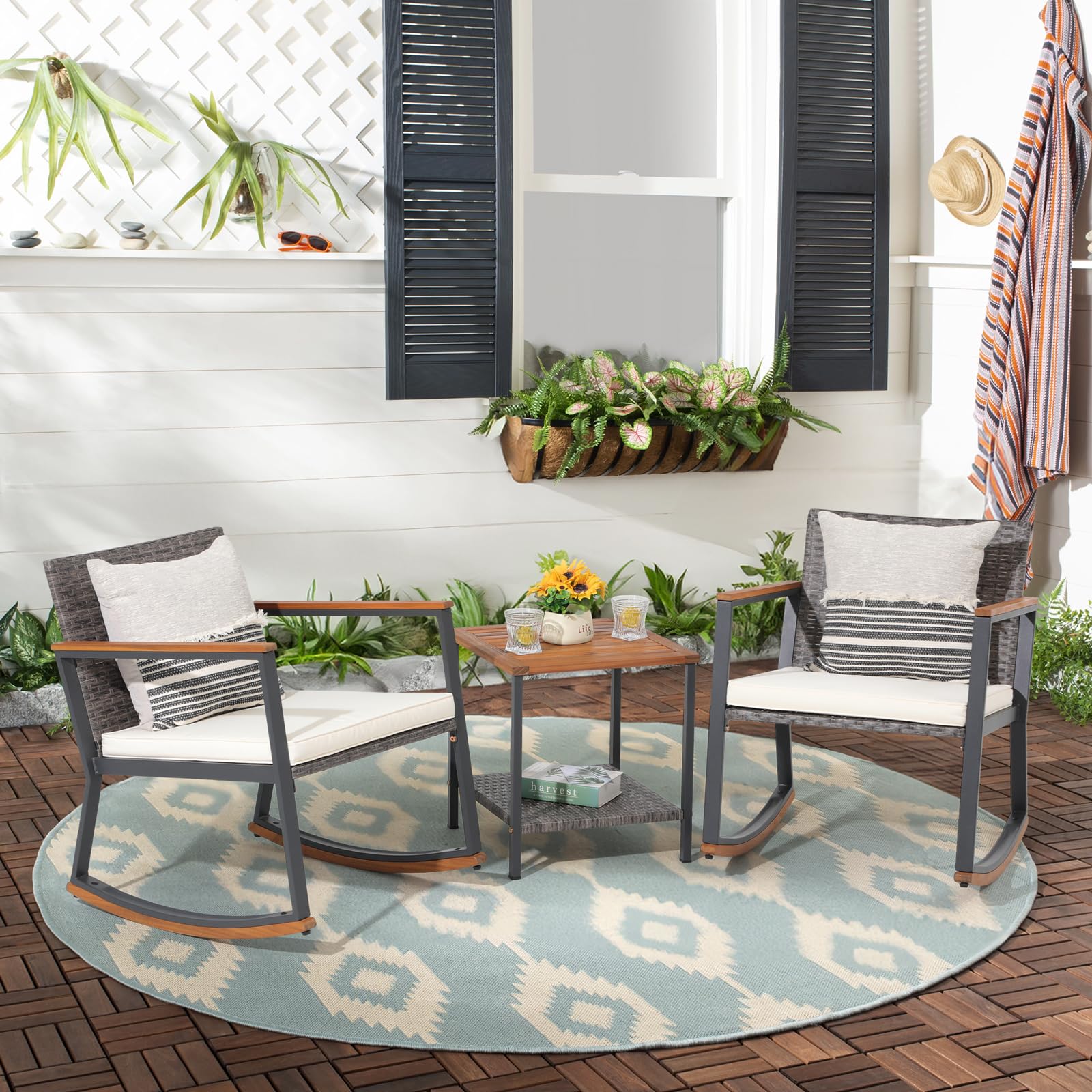 OC Orange-Casual 3-Piece Outdoor Rocking Bistro Set - Patio Wicker Furniture with Coffee Table & Cushions - Perfect for Garden, Yard, Porch, Balcony - White | Ideal for Relaxing, Entertaining & Outdoor Dining