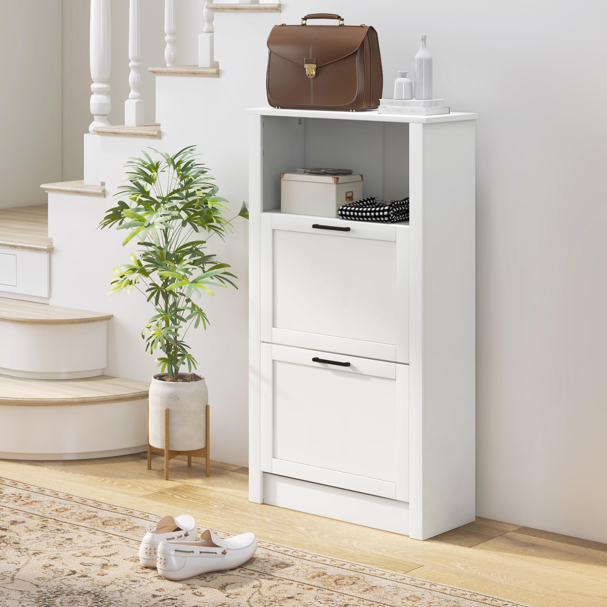 HOMCOM Shoe Cabinet - Freestanding Shoe Storage Organizer with 2 Flip Drawers, Adjustable Shelves & Open Compartment | Entryway, Hallway, Closet Storage | Holds 10 Pairs of Shoes | Perfect for Small Spaces & Home Organization