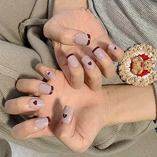 24pcs French Heart Shape Fake Nails with Glue - Short False Nails for Manicure, Fashion Nail Patches | Perfect for Daily Wear, Parties, and Special Occasions