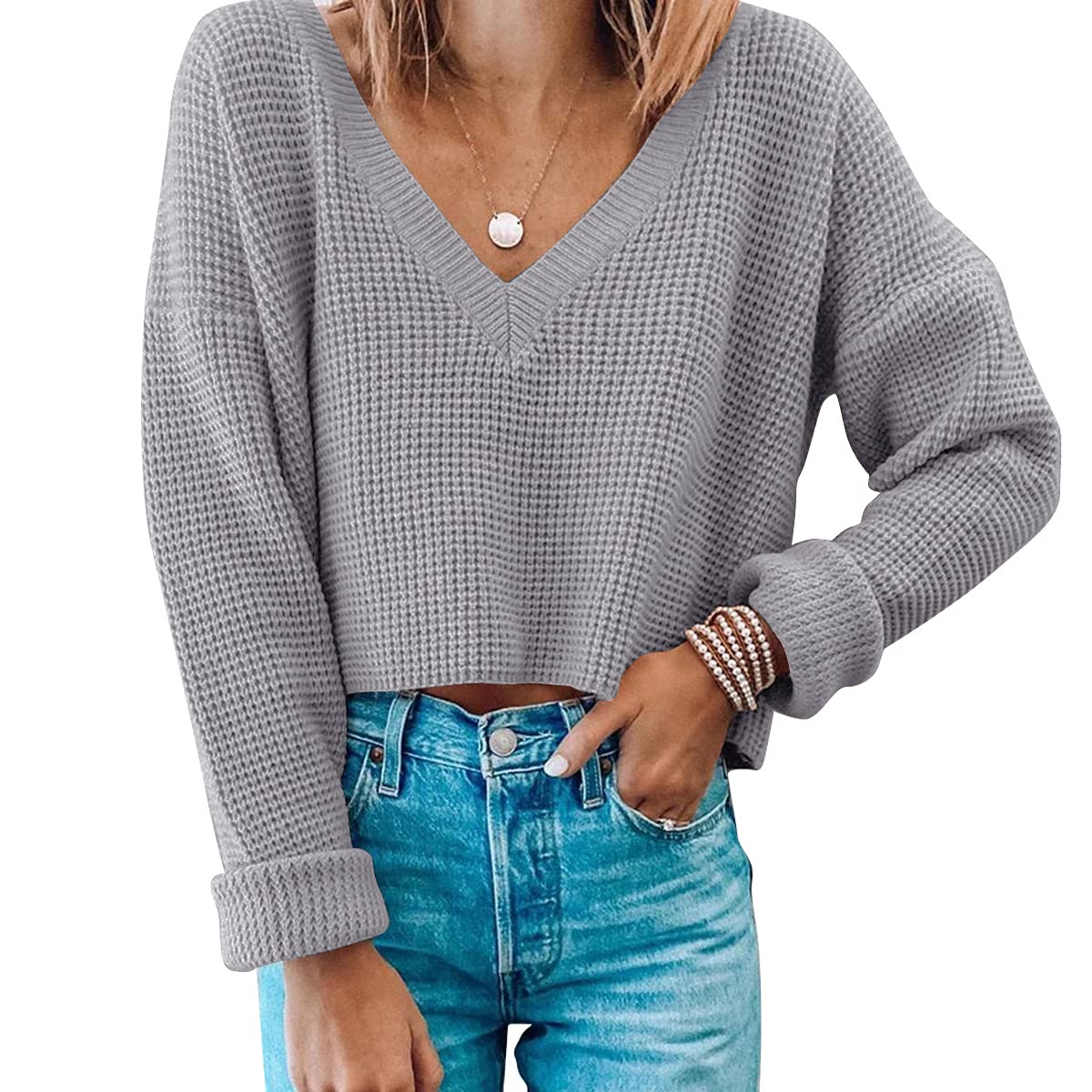 Jumppmile Women's V-Neck Waffle Knit Cropped Top Long Sleeve Pullover Sweater | Casual Fall Winter Layering Piece for Outfits & Date Nights