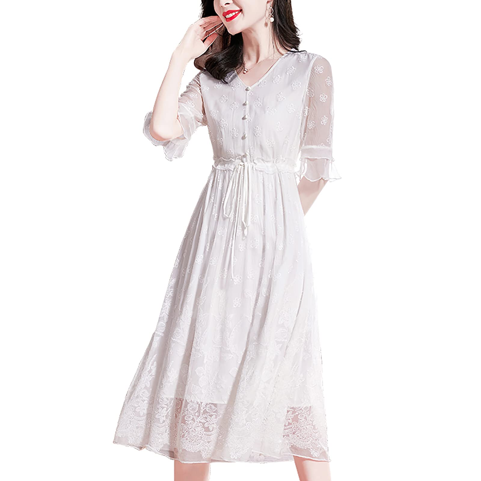 Women's Mulberry Silk Summer Dress - Flowy High Waist Beach Party Dress with Half Sleeves (White, Medium) | Perfect for Beach Vacations, Garden Parties & Summer Weddings