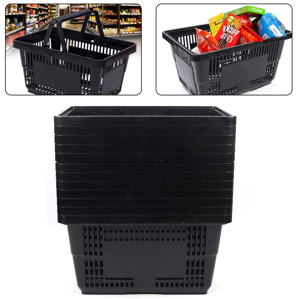 Black Mesh Shopping Baskets with Handles - 28L Portable Plastic Basket Set (12-Pack) - Durable Retail & Supermarket Storage Solution for Groceries, Laundry, or Home Organization