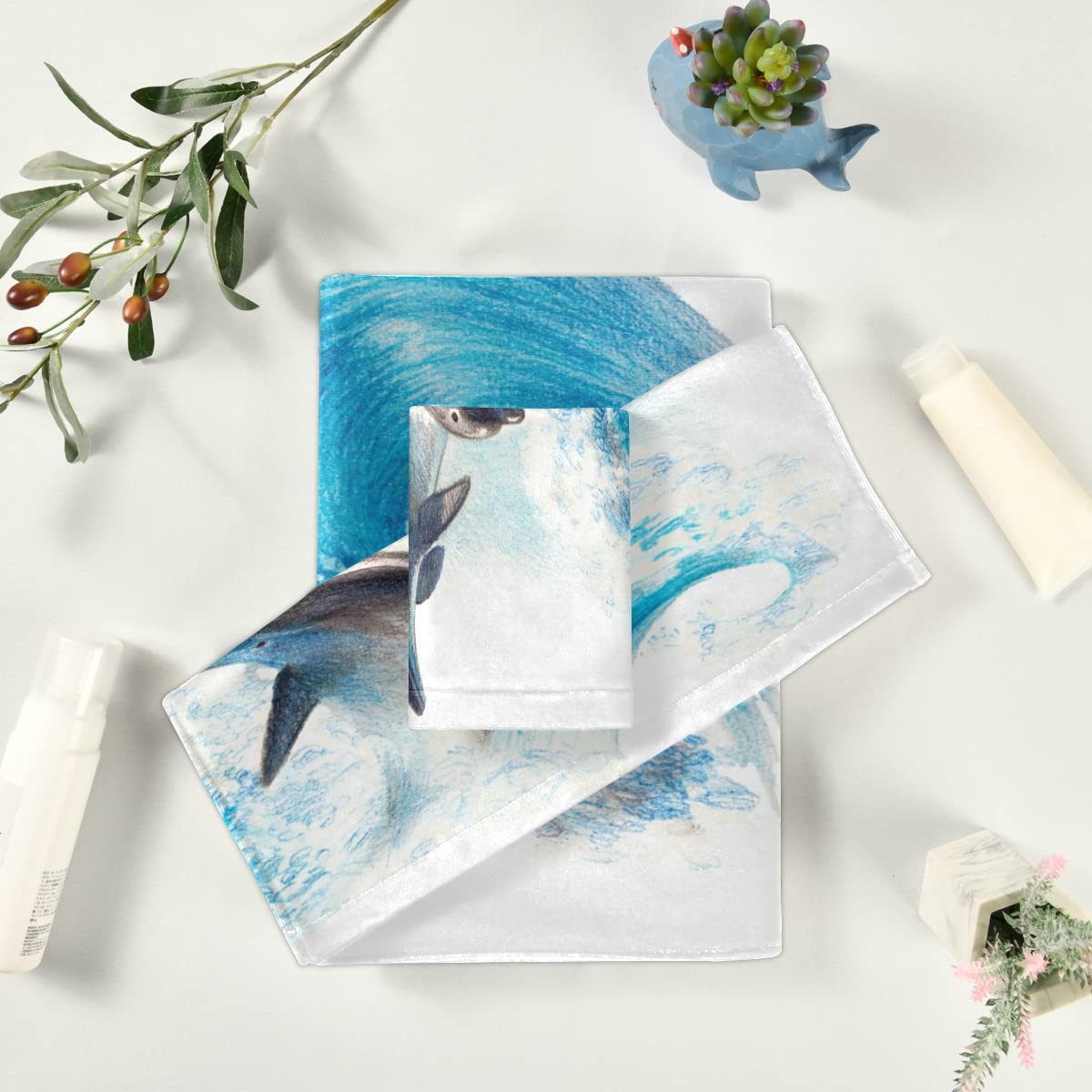 3-Piece Nautical Dolphin Bath Towel Set - Super Absorbent, Soft & Quick-Dry Cotton Bath Sheets for Bathroom, Beach & Pool Use