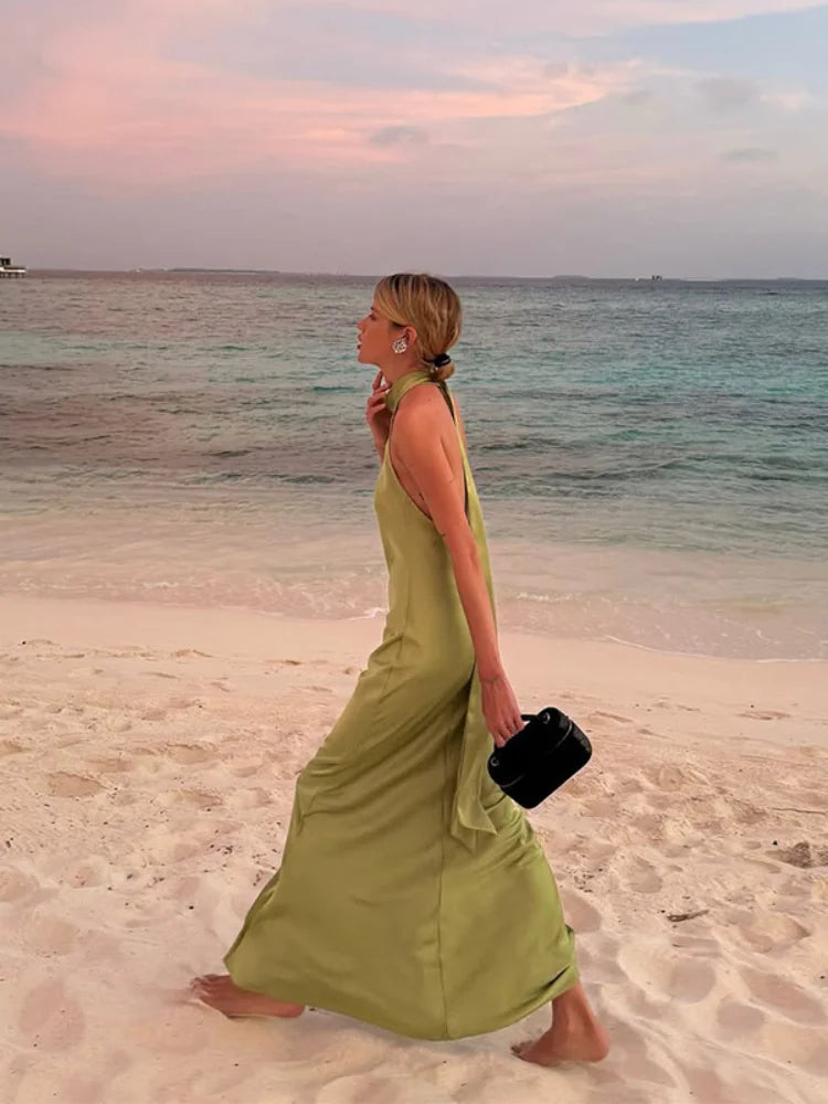 Elegant Green Satin Sleeveless Maxi Dress with Stand Neck & Lace Up Backless Design - Women's Summer Beach Vacation Dress 2025 | Perfect for Beach Parties, Weddings & Tropical Getaways