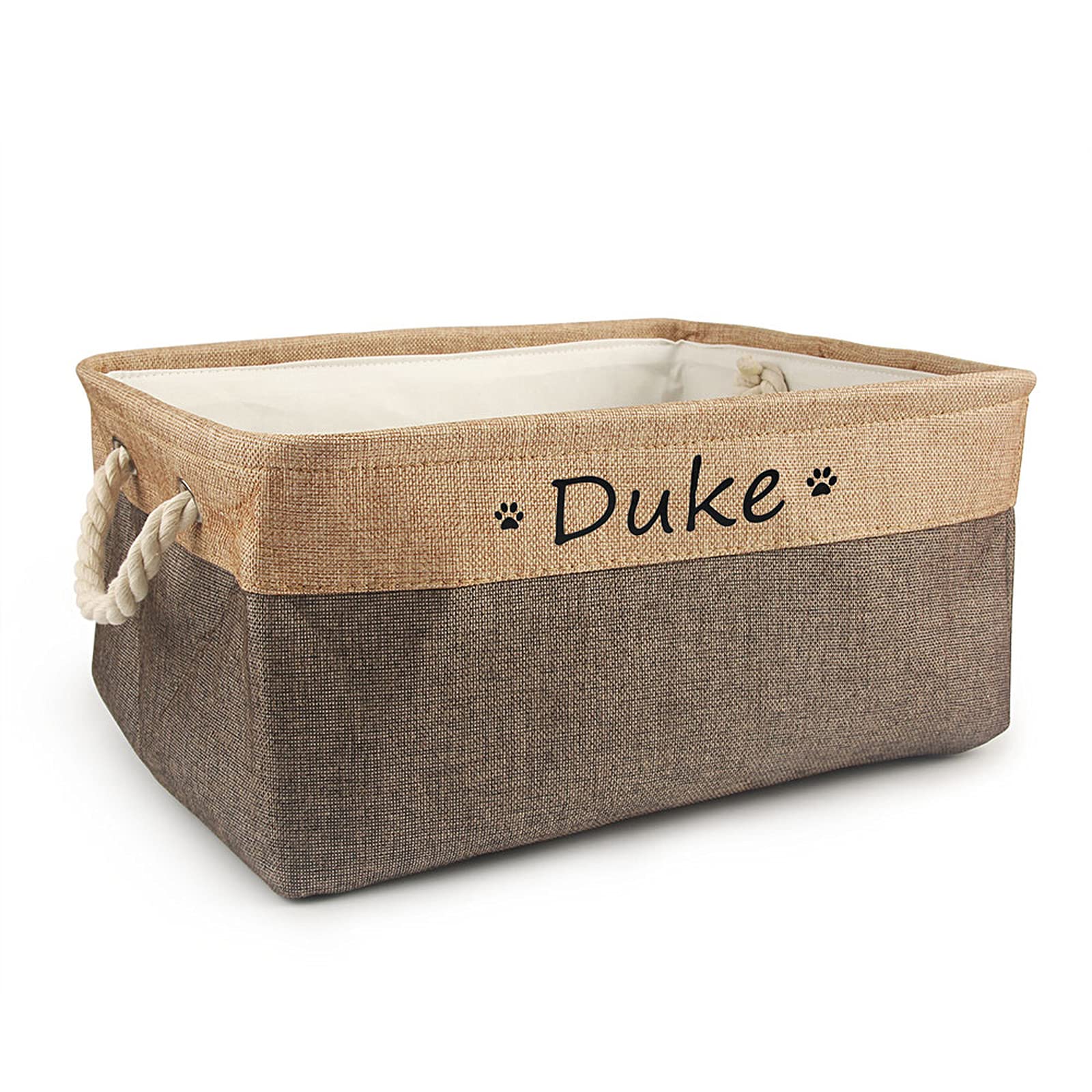 **Personalized Dog Toy Basket with Name - Custom Pet Food Storage Container with Paw Prints - Dog Toy Organizer Box for Small Dogs & Puppies - Coffee Color, 36X27X17cm - Perfect for Pet Room, Living Room & Nursery Decor**