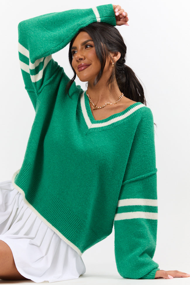 All The Good Green V-Neck Varsity Sweater for Men & Women | Cozy Casual Pullover | Perfect for School, College, and Streetwear Fashion | FINAL SALE