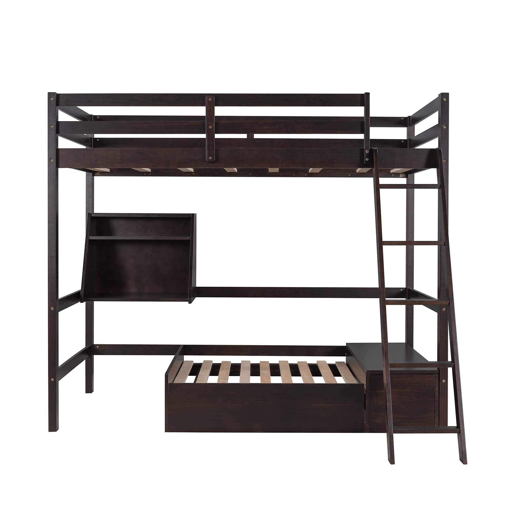 **Convertible Wood Loft Bed Twin Size with Storage Drawer, Shelf & Ladder – No Box Spring Needed – Espresso Finish – Perfect for Kids' Rooms, Dorms & Small Spaces**