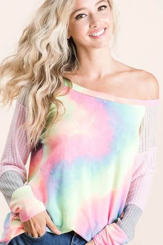 Pastel Tie Dye Bibi Terry Top with Color Block Pointelle Knit - Soft & Stylish Women's Casual Shirt for Summer Outings & Beach Vacations