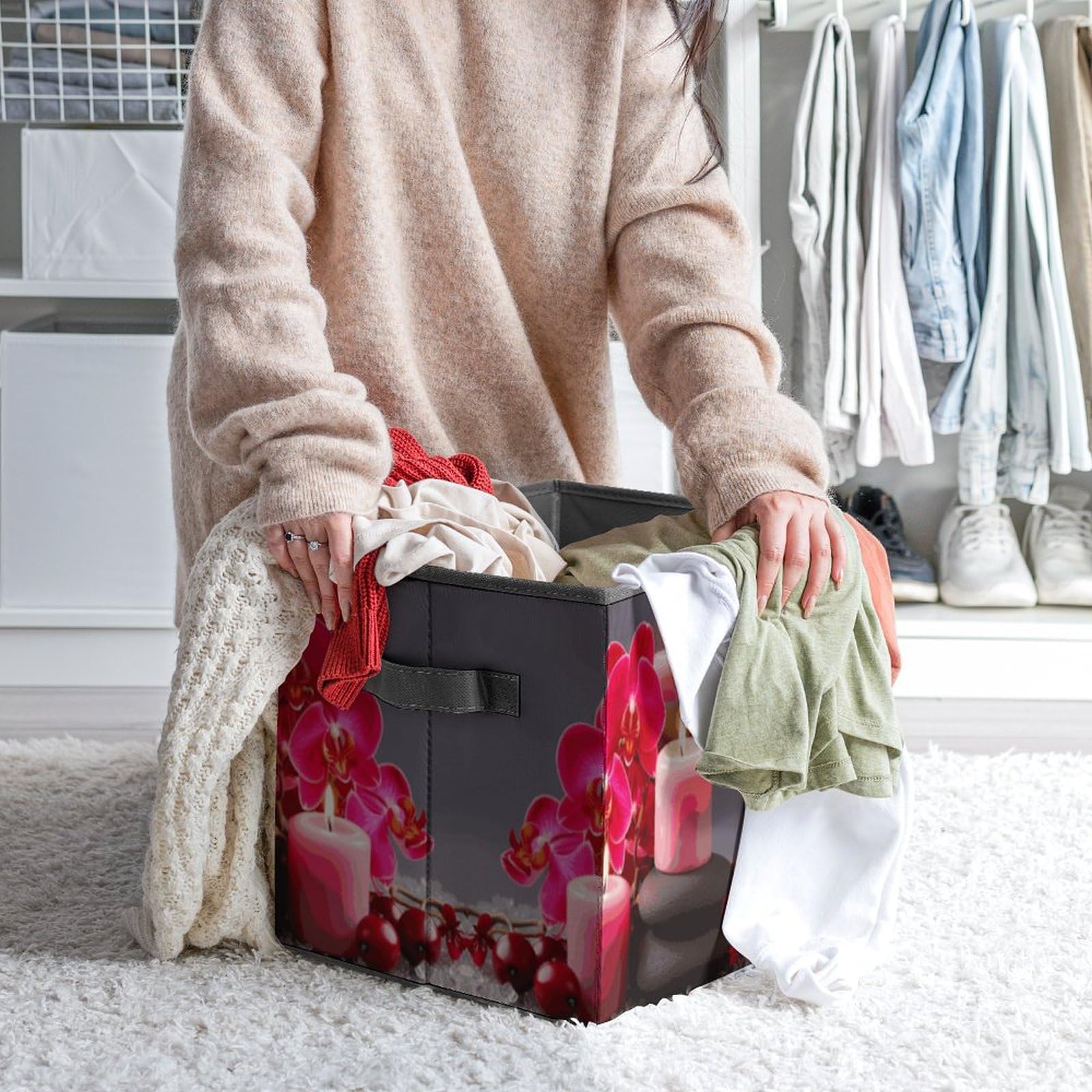 Foldable Storage Bins with Handles - Cube Organizer Box for Clothes, Toys & Home Organization | Perfect for Cabinet, Shelf & Closet Storage (Orchid Stone Red) - Ideal for Bedroom, Nursery & Office Organization