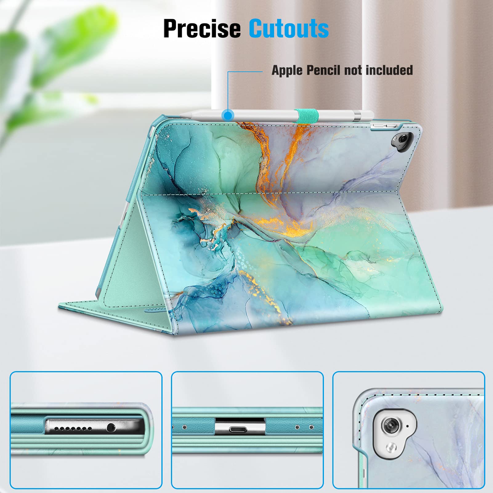 Fintie Protective Case for iPad Pro 9.7 Inch (2016 Model) - Slim Folio Cover with Corner Protection, Multi-Angle Stand, Built-in Pencil Holder & Auto Wake/Sleep Function - Emerald Marble Design - Perfect for Work, Study & Travel