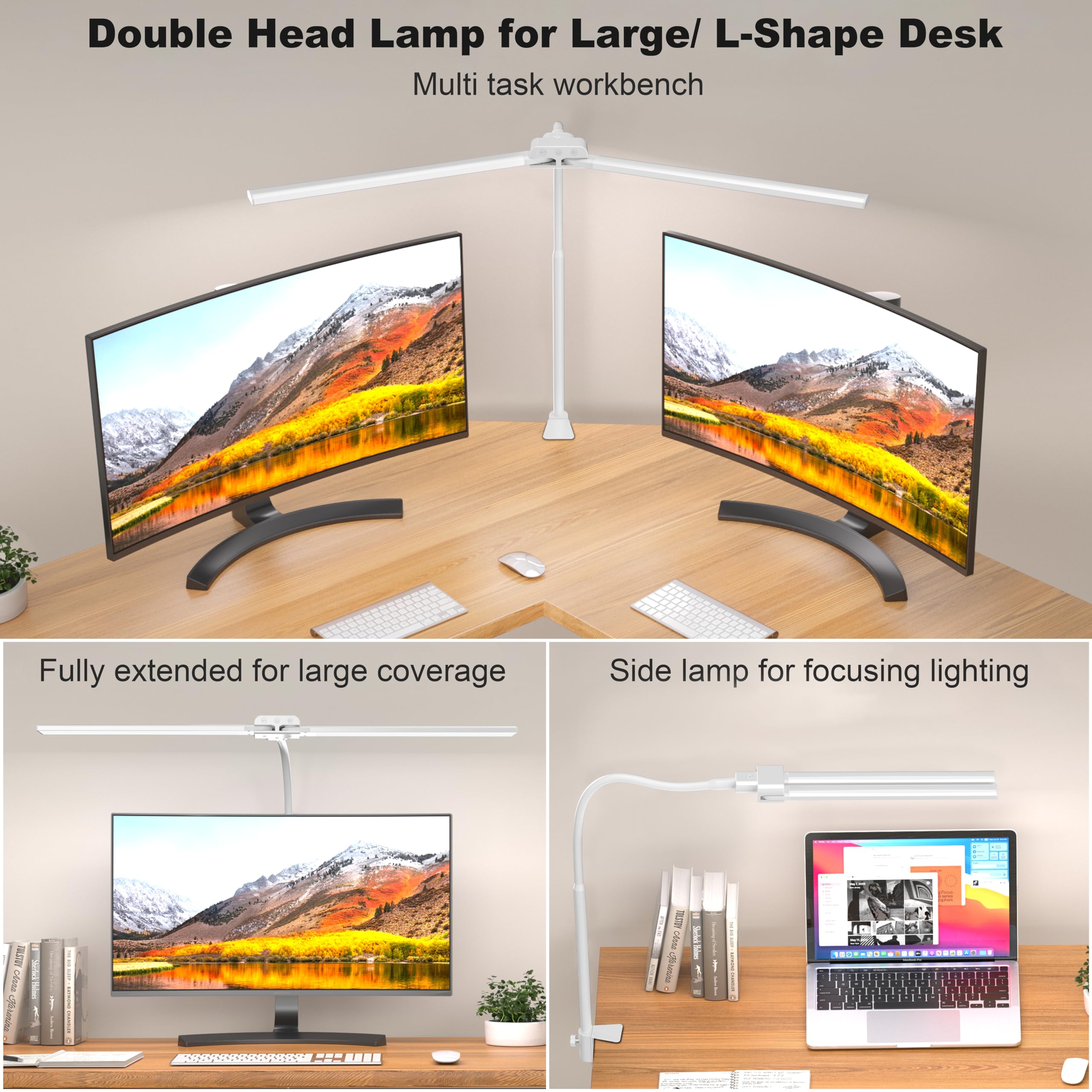 KableRika Dual Head LED Desk Lamp with Remote Control - Adjustable Clamp Light for Home Office, Study, Reading & Monitor Workbench - Eye-Caring Architect Lighting for Workspace & Gaming Setup