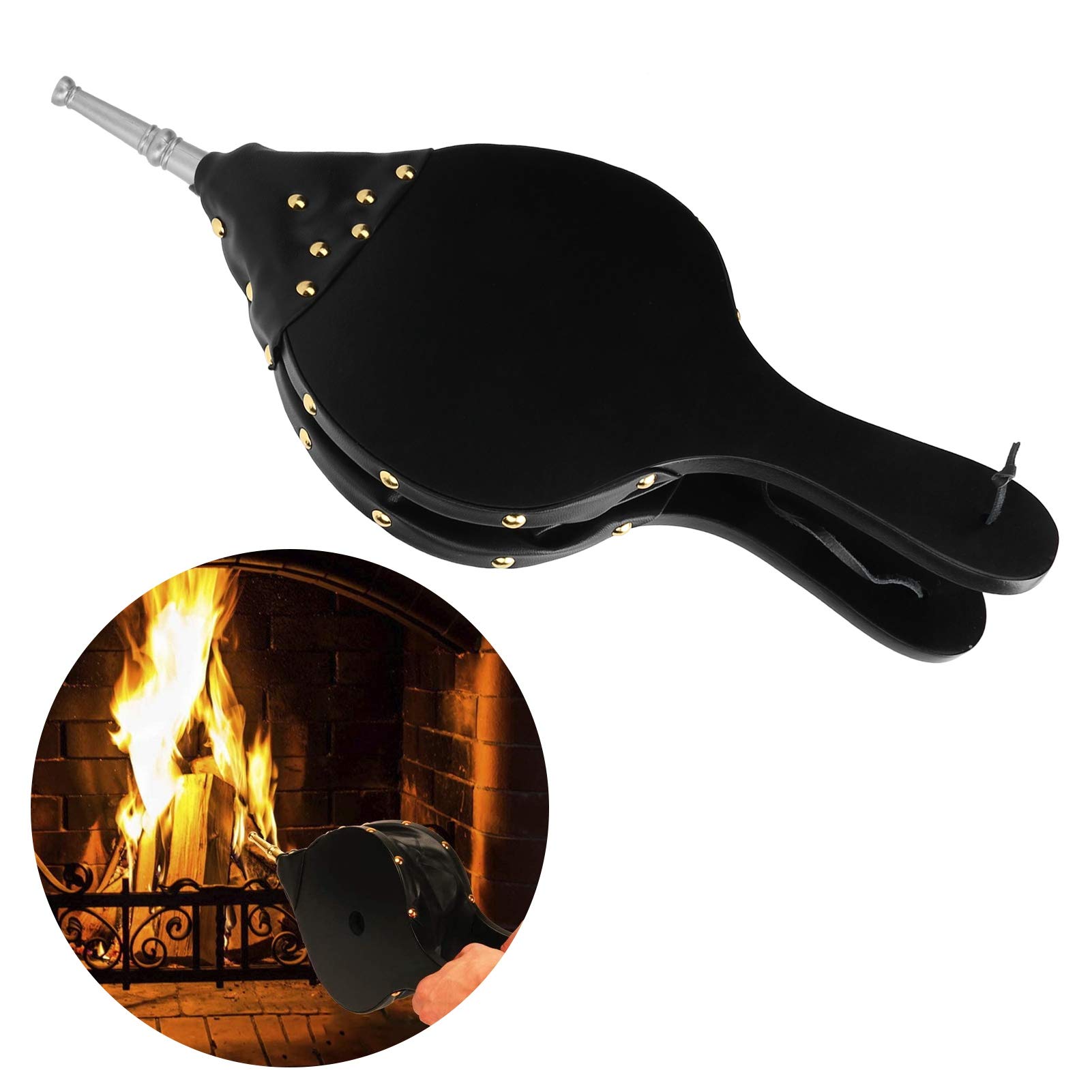 Large Fireplace Bellows with Leather Strap - 15.6x7.1 Inch Manual Air Blower for Wood Stove, BBQ Grill & Outdoor Cooking | Perfect for Camping, Picnics & Chimney Fire Starting | Durable Cast Nozzle & Decorative Hanging Accessory