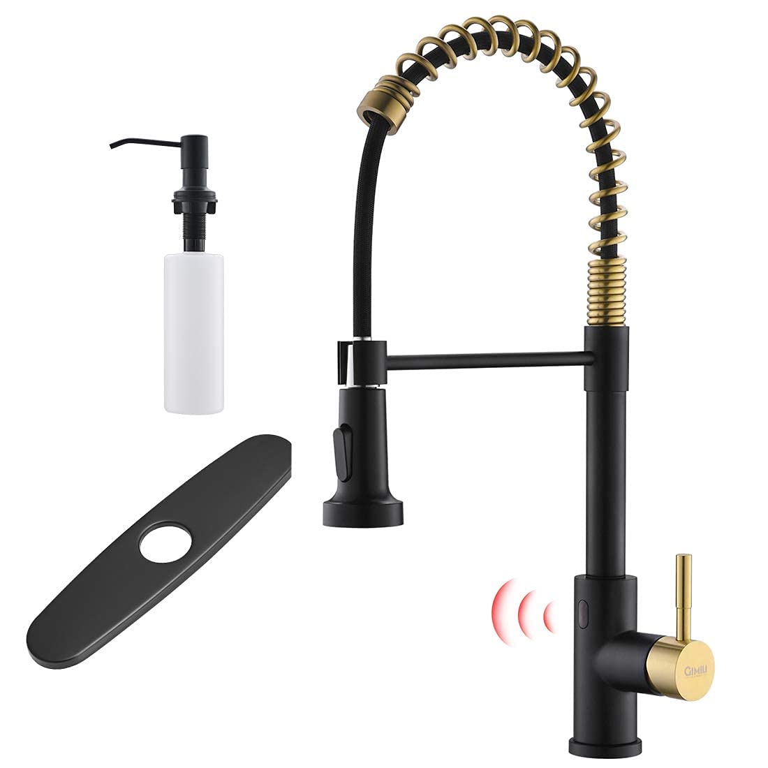 GIMILI Touchless Spring Kitchen Faucet with Deck Plate & Soap Dispenser, Matte Black & Gold Finish - Ideal for Modern Kitchens, Hands-Free Convenience for Cooking and Cleaning