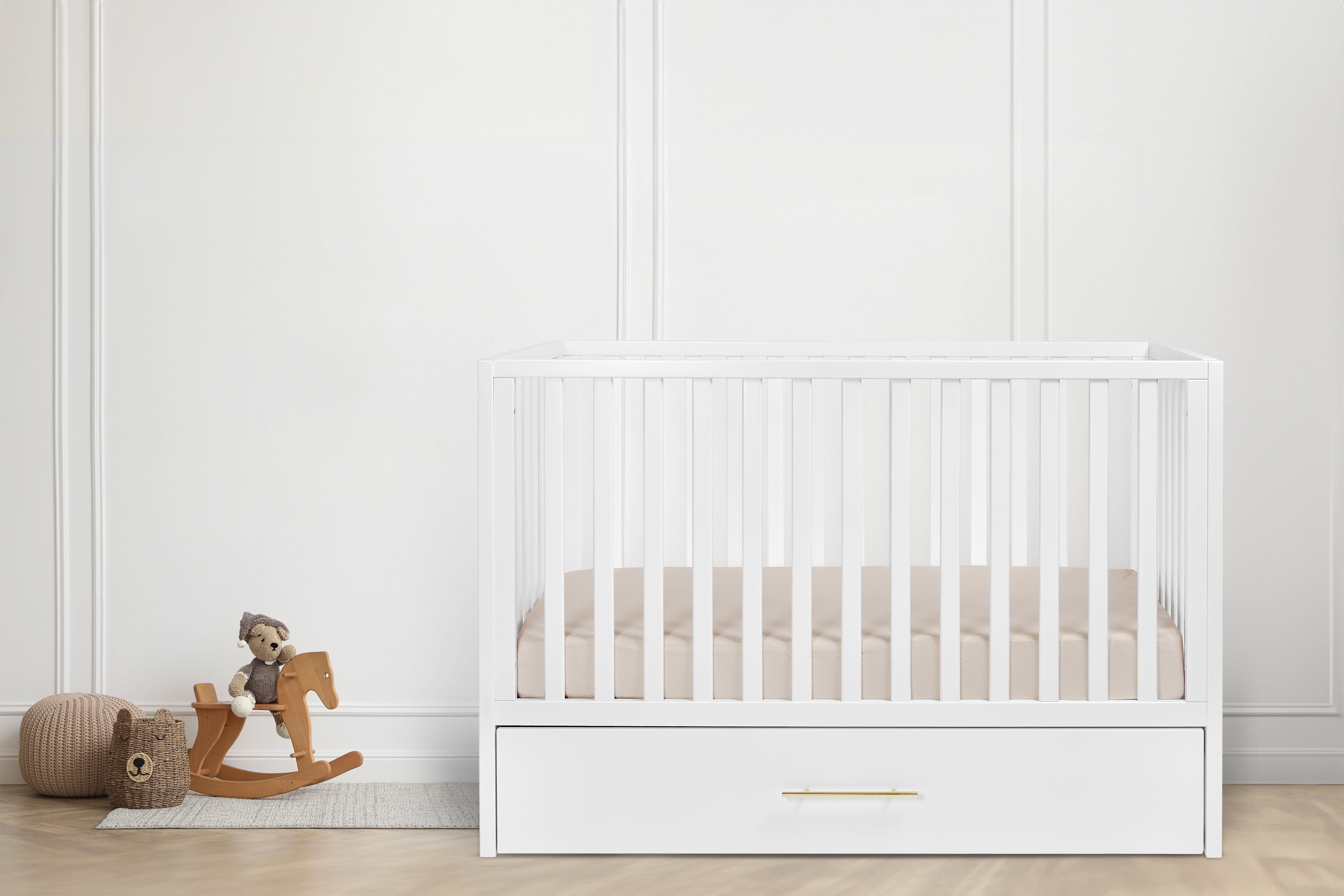 Hush Crib with Trundle - Gold Handle Baby Bed for Nursery - Perfect for Newborns, Toddlers & Small Spaces