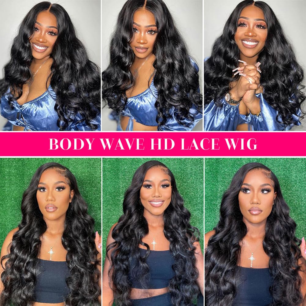 28 Inch Brazilian Virgin Human Hair Lace Front Wig - 13x6 HD Lace Frontal, 180% Density, Pre-Plucked, Glueless Body Wave Wig for Women (Natural Black) - Perfect for Daily Wear, Cosplay & Special Occasions