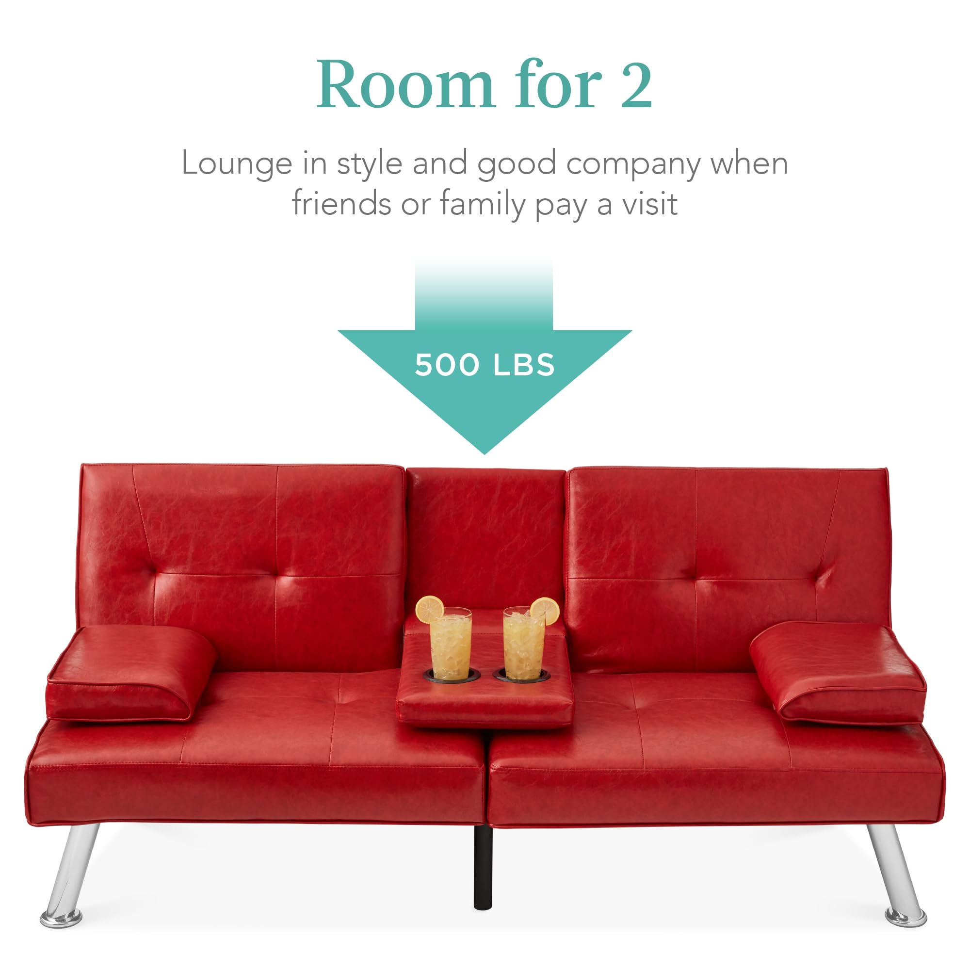 Best Choice Products Faux Leather Convertible Futon Sofa Bed - Adjustable Folding Guest Bed with Removable Armrests, Modern Upholstered Design in Red - Perfect for Small Spaces, Apartments & Home Offices