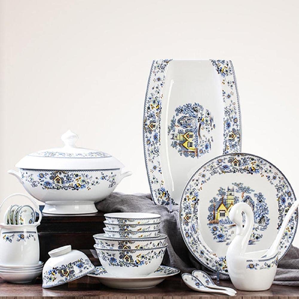 60-Piece Jingdezhen Porcelain Dinnerware Set - Ceramic Rice Bowls, Salad Plates, Noodle Dishes & Serving Bowls for Asian Cuisine, Family Dining & Restaurant Use