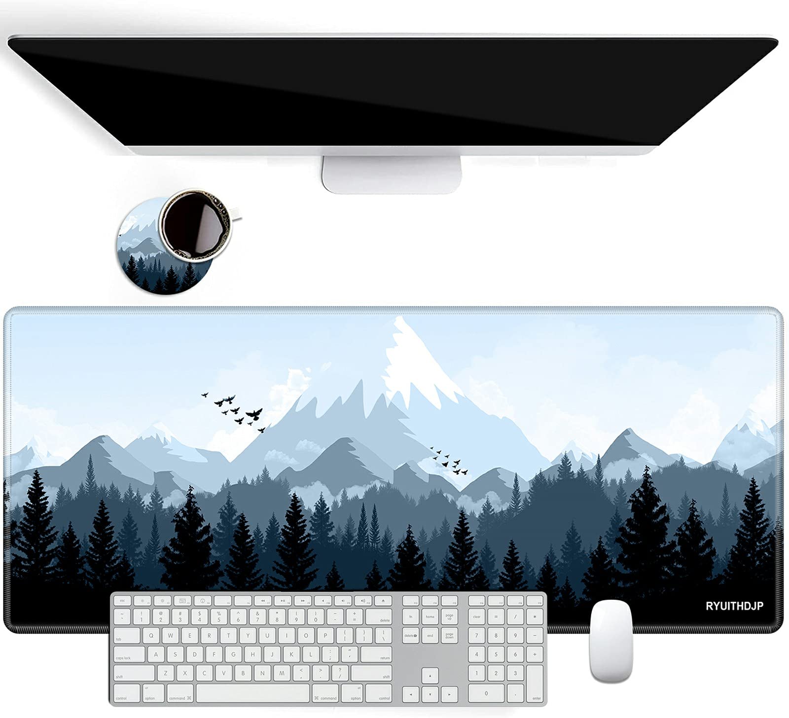 XXL Large Mouse Pad for Desk with Coaster - 31.5x11.8 Inch Extended Gaming Mouse Pad with Stitched Edge, Non-Slip Base & Mountain Forest Design - Perfect for Office, Gaming, and Home Workspace Setup