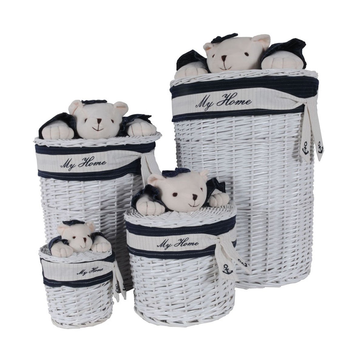 Anne Home Set of 4 Oval Willow Baskets with Teddy Bear - White & Blue Woven Storage Baskets for Kids' Toys, Books & Clothes | Perfect for Nursery, Playroom & Bedroom Organization