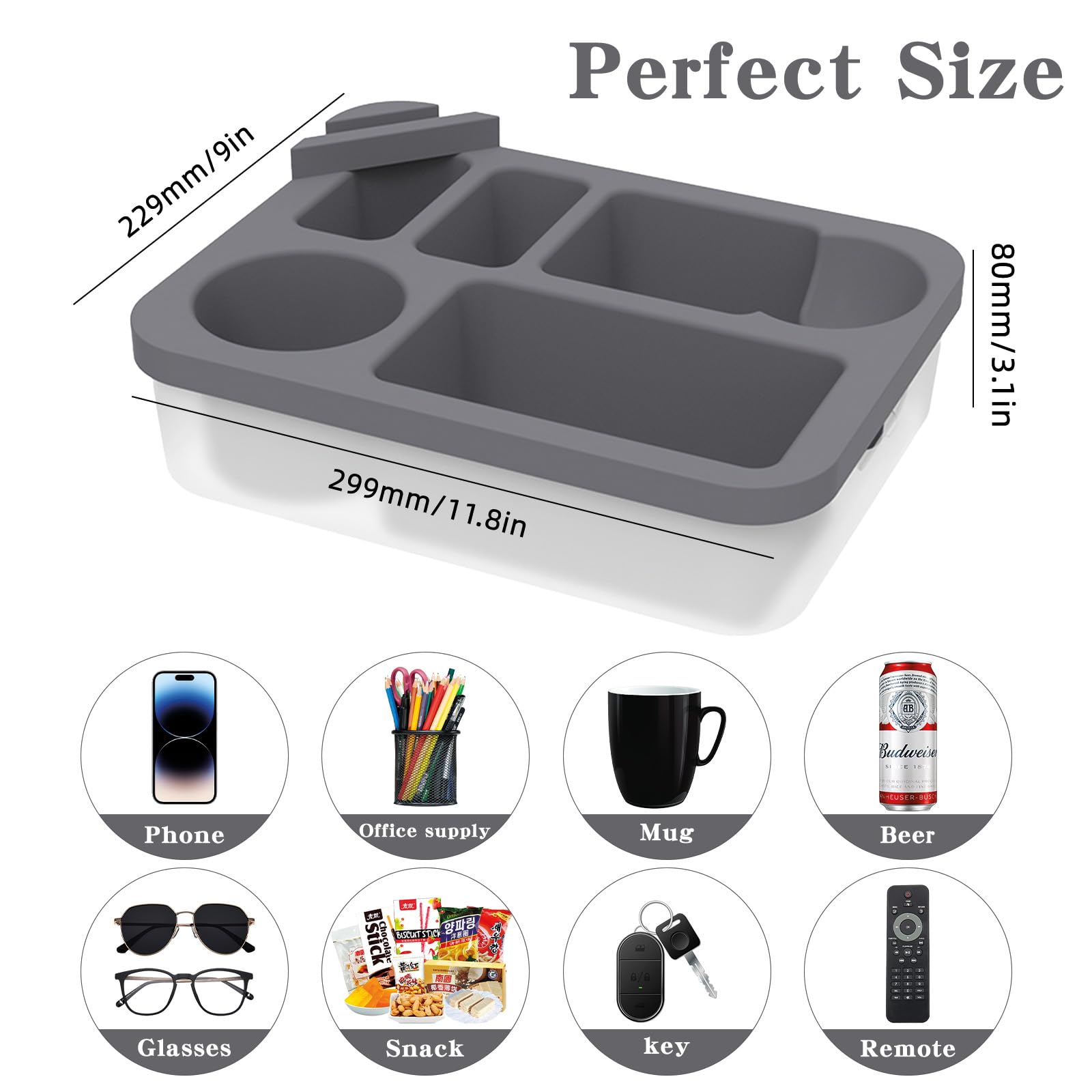 Rotatable Couch Cup Holder Tray with Phone Stand - Multi-Functional Sofa Caddy for Drinks, Snacks & Remote Control - Waterproof Bedside Table Organizer (Grey) | Perfect for Living Room, Bedroom, Car & Outdoor Use