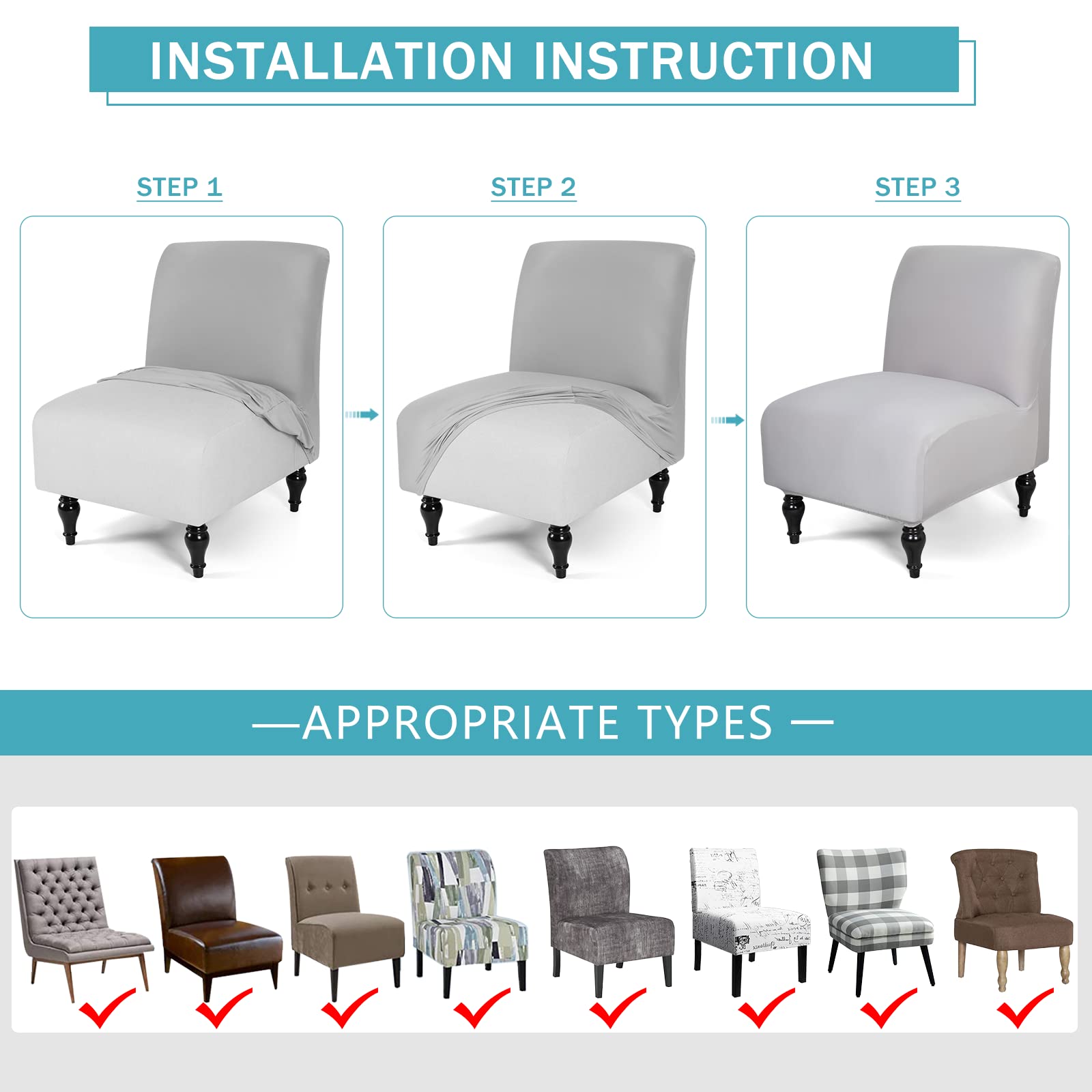 Stretch Spandex Armless Accent Chair Slipcover - Removable Non-Slip Furniture Protector for Living Room & Dining Room (Light Gray, 2 Pack) - Perfect for Home Decor, Apartment Styling, and Guest Seating