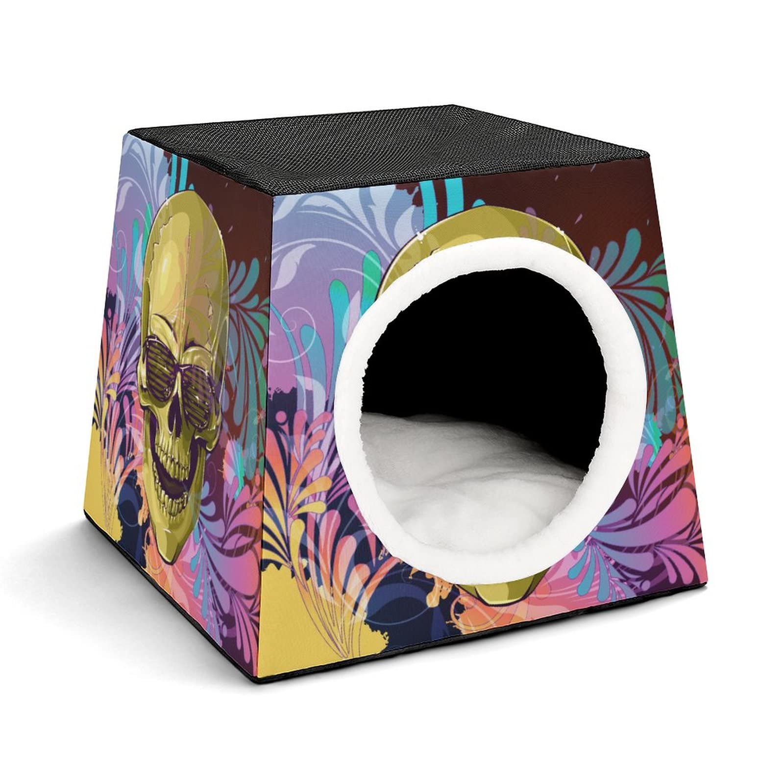 Printed Cat Cube Kitty House - Indoor Cat Bed & Small Dog Shelter - Warm & Cozy Pet Sofa with Golden Skull Design - Perfect for Cozy Napping, Playtime & Home Decor