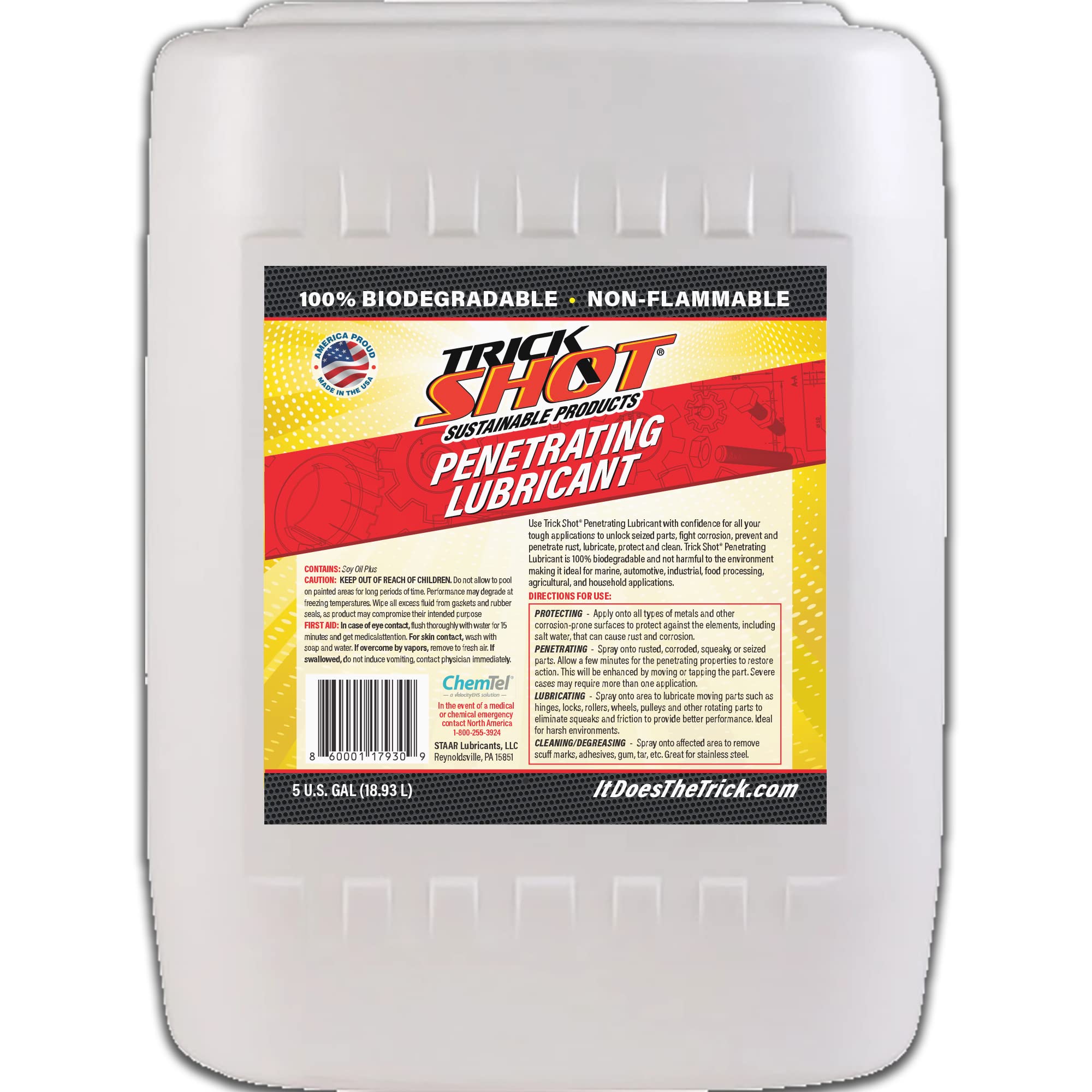 Trick Shot - 3 in 1 Penetrating Lubricant Oil - Non-Toxic, Non-Flammable & Eco-Friendly Food Grade Industrial Oil Spray - Biodegradable Anti-Seize Lubricant for Rust Protection, Degreasing & Cleaning - 5 Gallons - Perfect for Automotive, Marine, Industrial & Household Maintenance