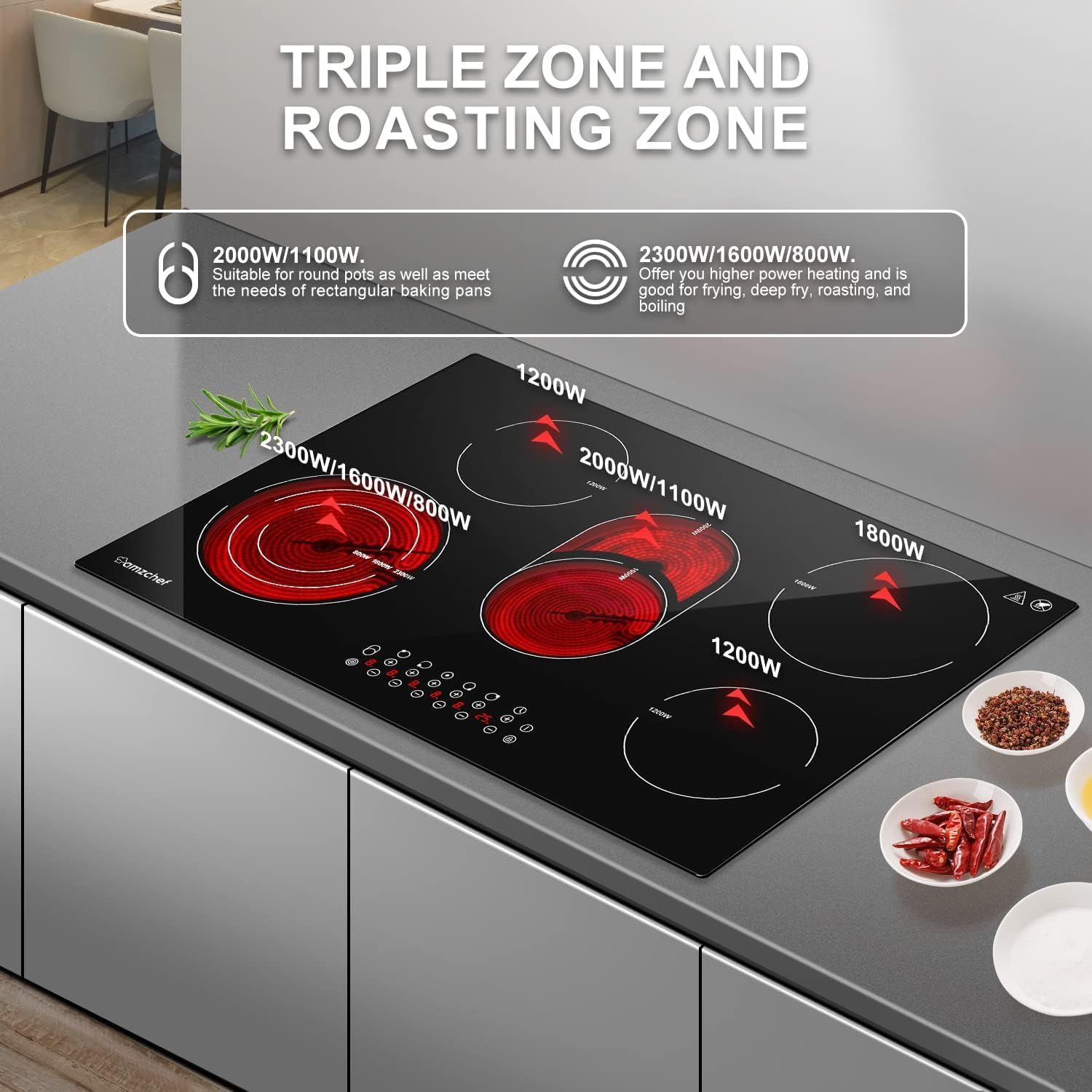 AMZCHEF 30 Inch 8500W 5-Burner Electric Stove Cooktop - Drop-in Ceramic Glass Cooktop with Child Lock & Timer, 220-240V Hardwired - Perfect for Home Kitchen, Restaurant & Commercial Cooking