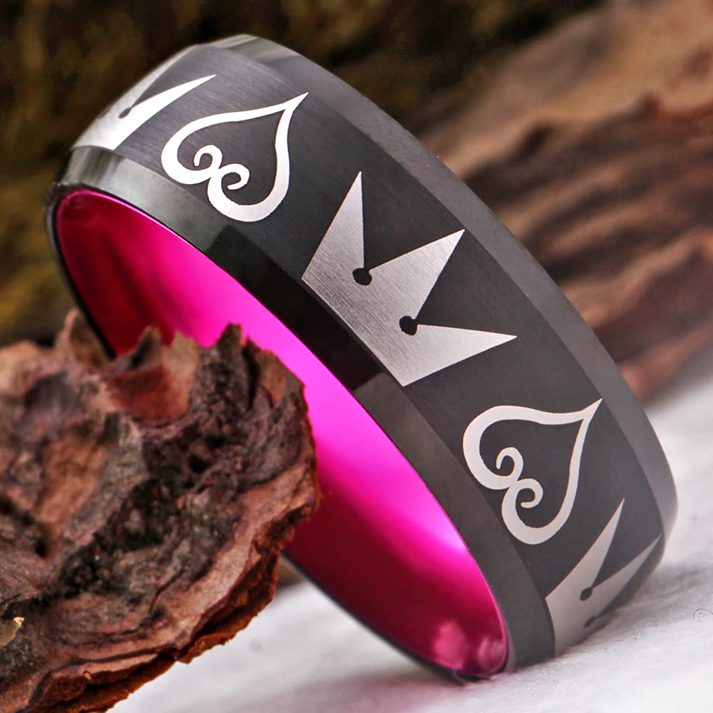 Kingdom Hearts & Crowns Design Cosplay Ring - 8mm Matte Red & Black Tungsten Wedding Band with Beveled Edges - Free Custom Engraving - Perfect for Cosplay, Gifts, and Unique Wedding Jewelry