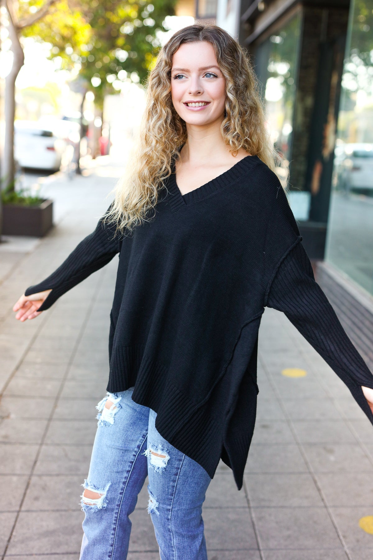 Stylish Black Oversized V-Neck Ribbed Knit Sweater for Women - Cozy & Trendy Fall Winter Pullover for Casual Outings & Layering