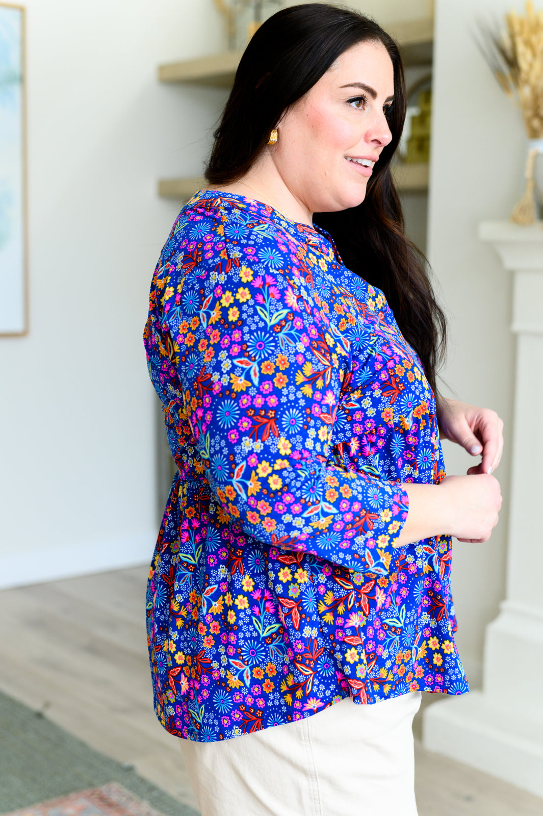 Lizzy Babydoll Top - Royal Retro Floral Print Women's Blouse for Casual Wear, Date Night & Summer Outfits