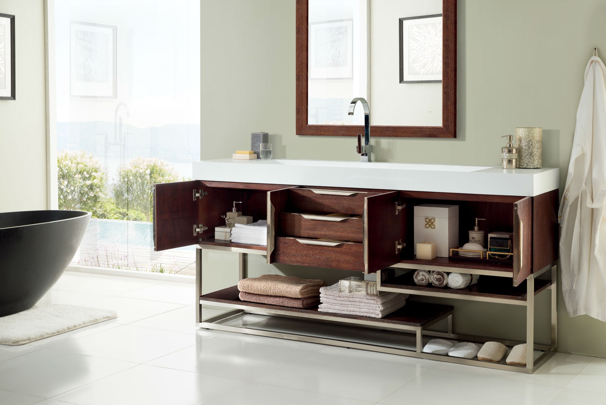 Columbia 72 Single Vanity with Glossy White Composite Top - Coffee Oak Bathroom Vanity for Modern Homes | Perfect for Master Bath, Guest Bath & Powder Room Makeovers