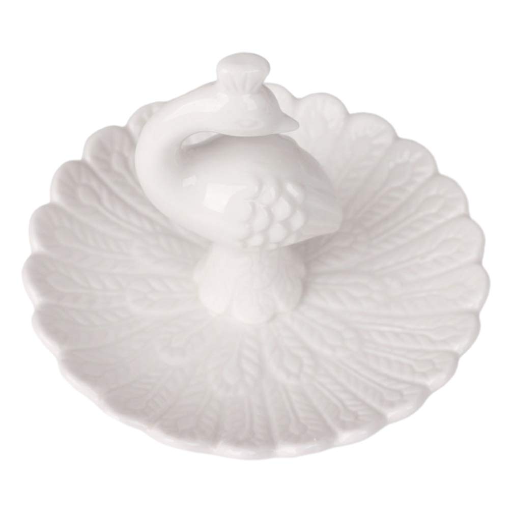 DOITOOL White Porcelain Peacock Ring Dish - Elegant Jewelry Holder & Earrings Storage Tray for Women | Perfect for Vanity, Bathroom, and Gift Giving