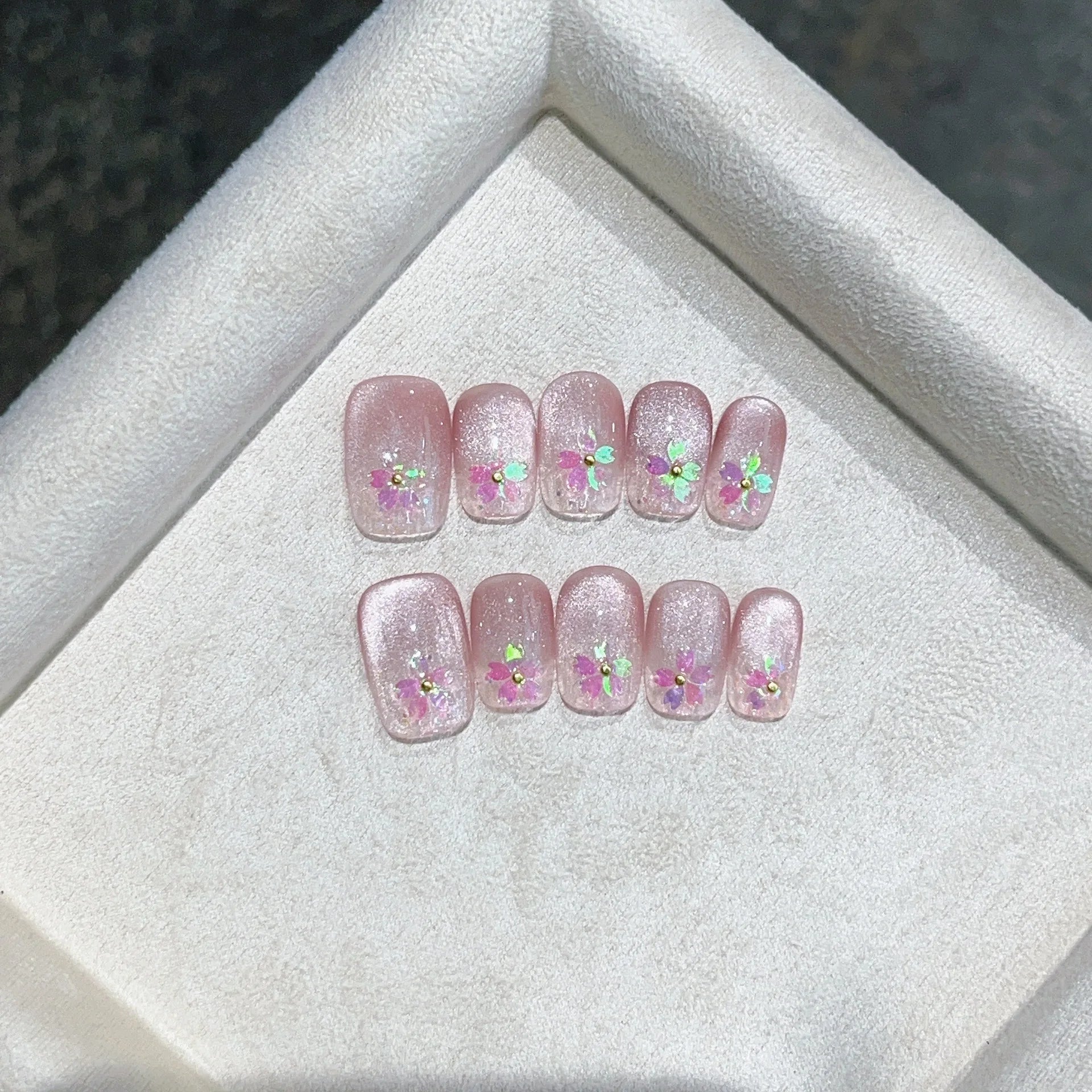 10Pcs Sakura Ballet Press on Nails - Glitter French Tip Acrylic Fake Nails Short Pink Full Cover Manicure Set for Women | Perfect for Parties, Weddings, Date Nights & Everyday Wear