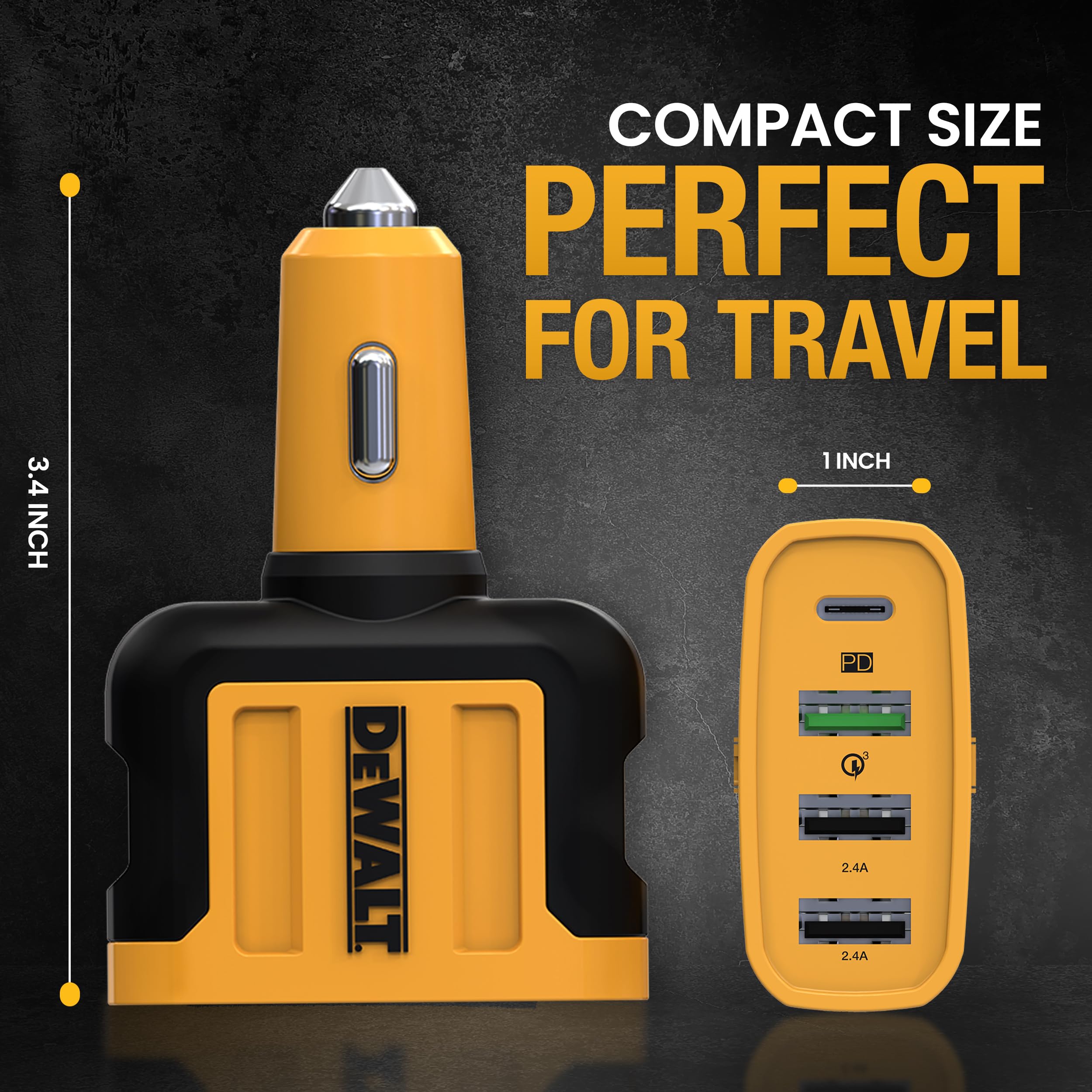 DEWALT 60W 4-Port USB C Car Charger with PD Fast Charging - Compatible with iPhone 16/15, Samsung Galaxy, iPad & More - Perfect for Road Trips, Commuting & Multi-Device Charging in Vehicles