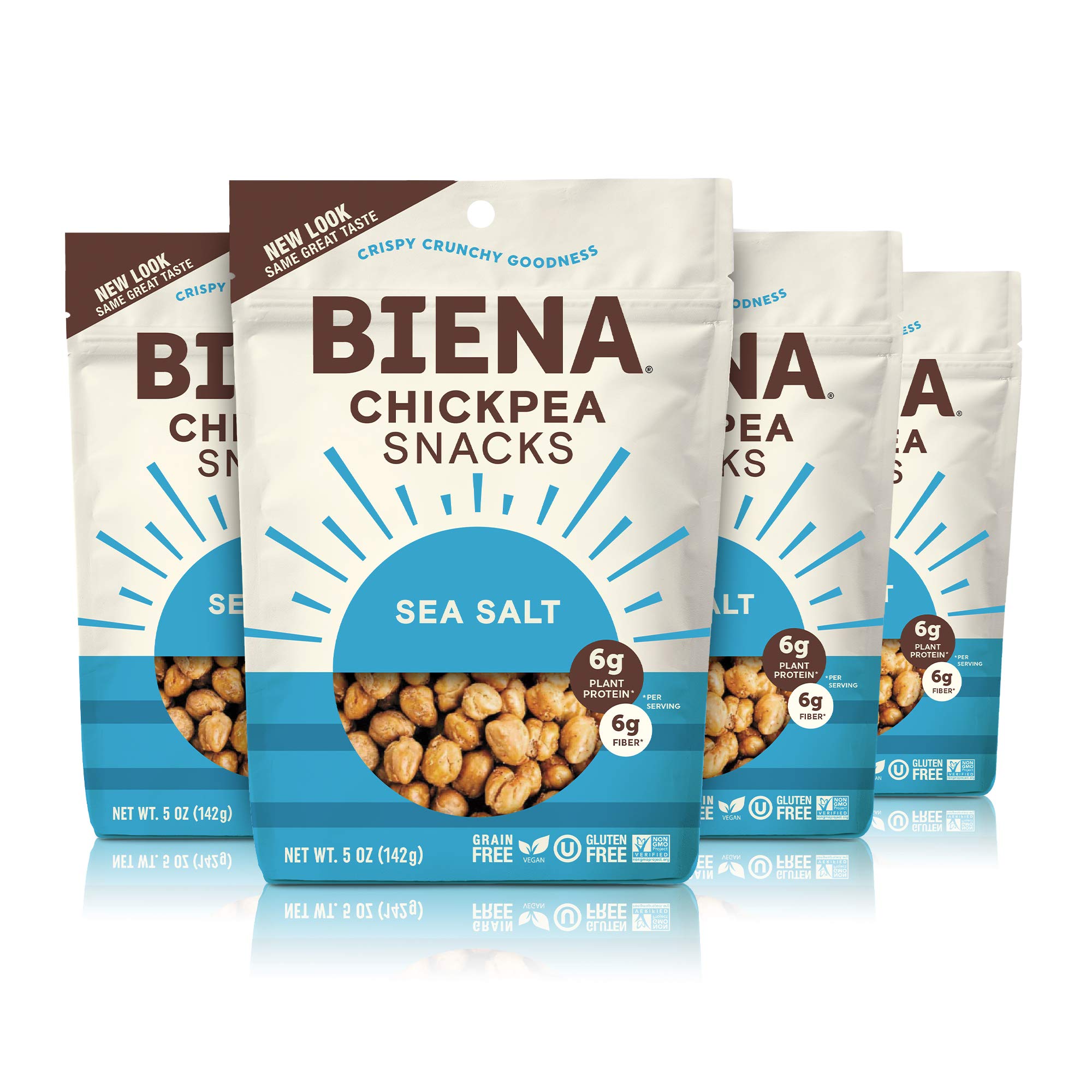 Biena Crispy Roasted Chickpea Snacks Bundle - Sea Salt & Honey Roasted (4-Pack) | Healthy Vegan Protein Snacks for Work, Travel & On-The-Go | Gluten-Free Crunchy Chickpeas