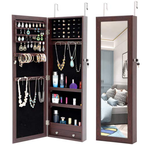 Beacon Pet 6 LED Lights Lockable Full Mirror Jewelry Organizer - Wall Mount/Door Mount Jewelry Cabinet with Full Length Mirror, Brown | Perfect for Bedroom, Closet & Dressing Room Organization