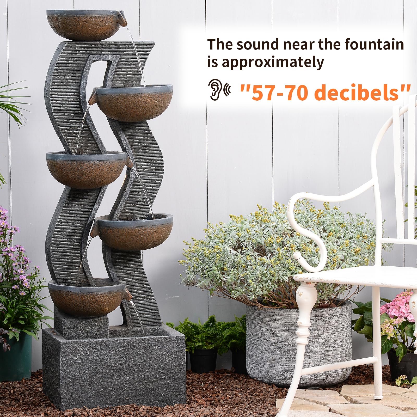 SERBILHOME 52.8 Inch 6-Tier Outdoor Water Fountain with LED Lights - Large Cascading Patio Waterfall for Garden, Yard, Porch, Deck - Gray Wave Design - Perfect for Relaxing Outdoor Decor & Ambiance