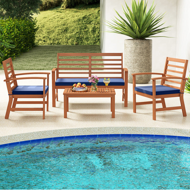 Costway 4-Piece Acacia Wood Patio Furniture Set with Cushions - Outdoor Loveseat, Chairs & Coffee Table for Garden, Deck, Poolside & Backyard Relaxation