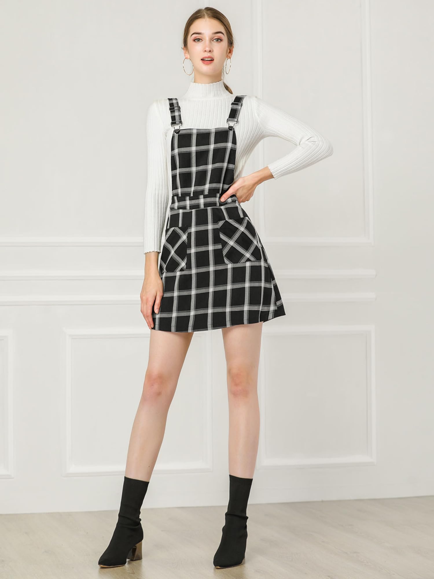 Allegra K Women's Adjustable Strap Plaid Print Overalls Dress - Stylish Suspender Skirt Above Knee for Casual Outings & Spring Fashion