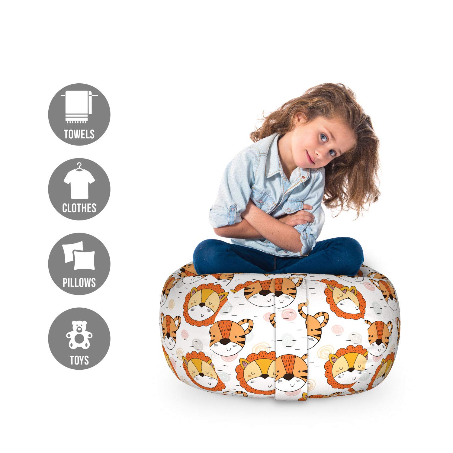 Ambesonne Cartoon Toy Storage Bag Chair - Tiger & Lion Pattern, Funny Zoo Animal Print, Washable Stuffed Animal Organizer for Kids Room, Small Multicolor - Perfect for Playroom, Bedroom & Nursery Organization