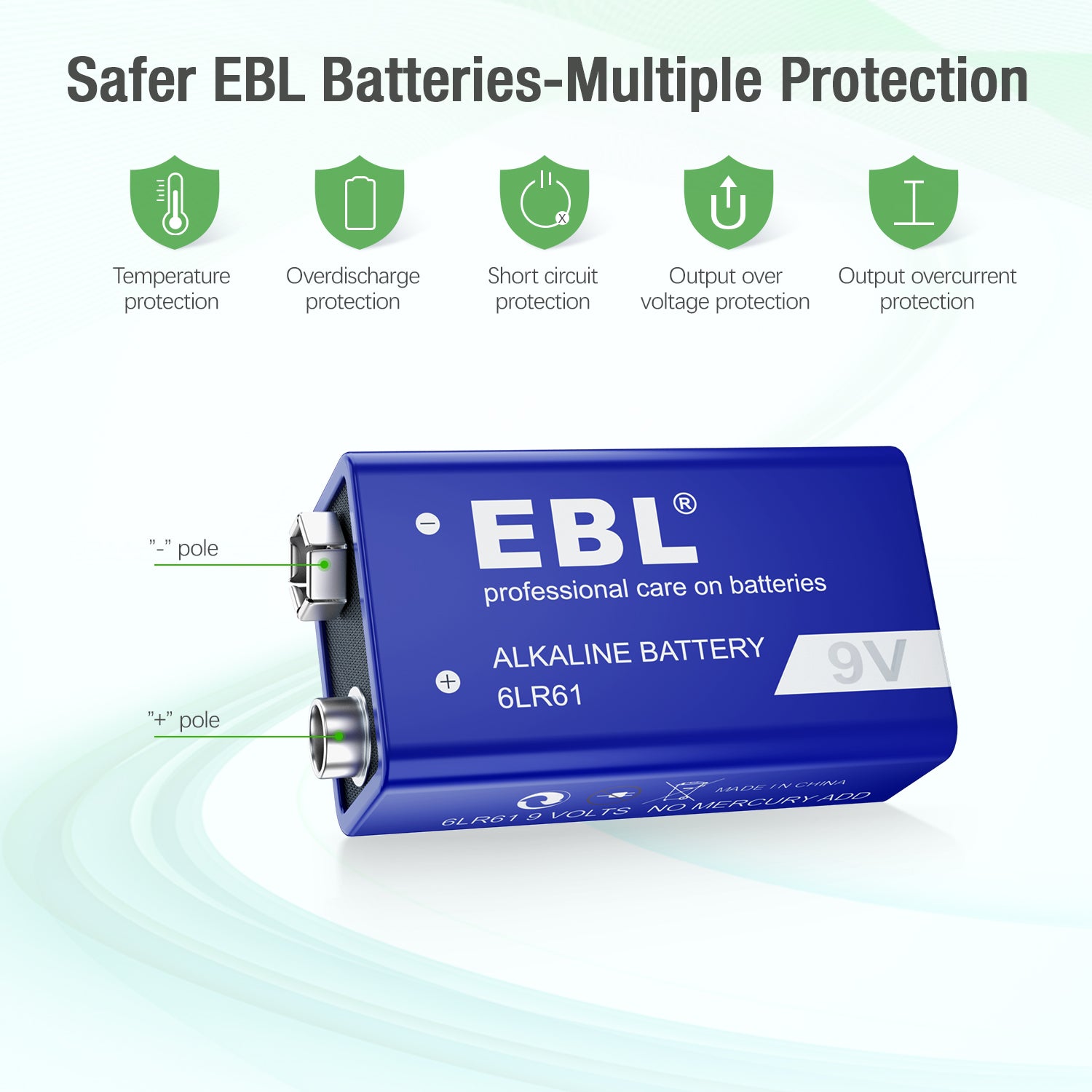 EBL 9V 6LR61 Alkaline Non-Rechargeable Battery 600mAh - Long-Lasting Power for Smoke Detectors, Toys, and Electronic Devices