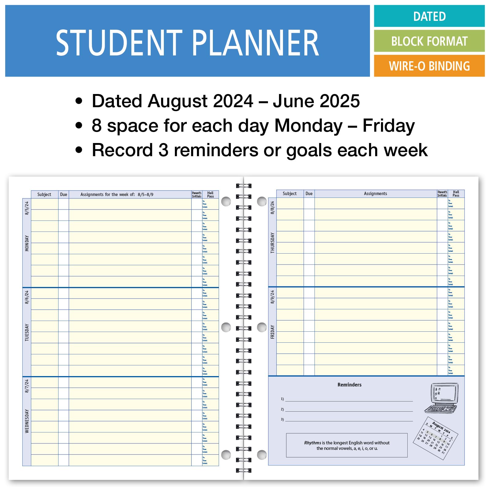 Elan Publishing Company 2024-2025 Academic Year Dated Student Planner - Middle & High School Organizer, August to June, Blue | Perfect for Homework Tracking, Class Schedules & Time Management